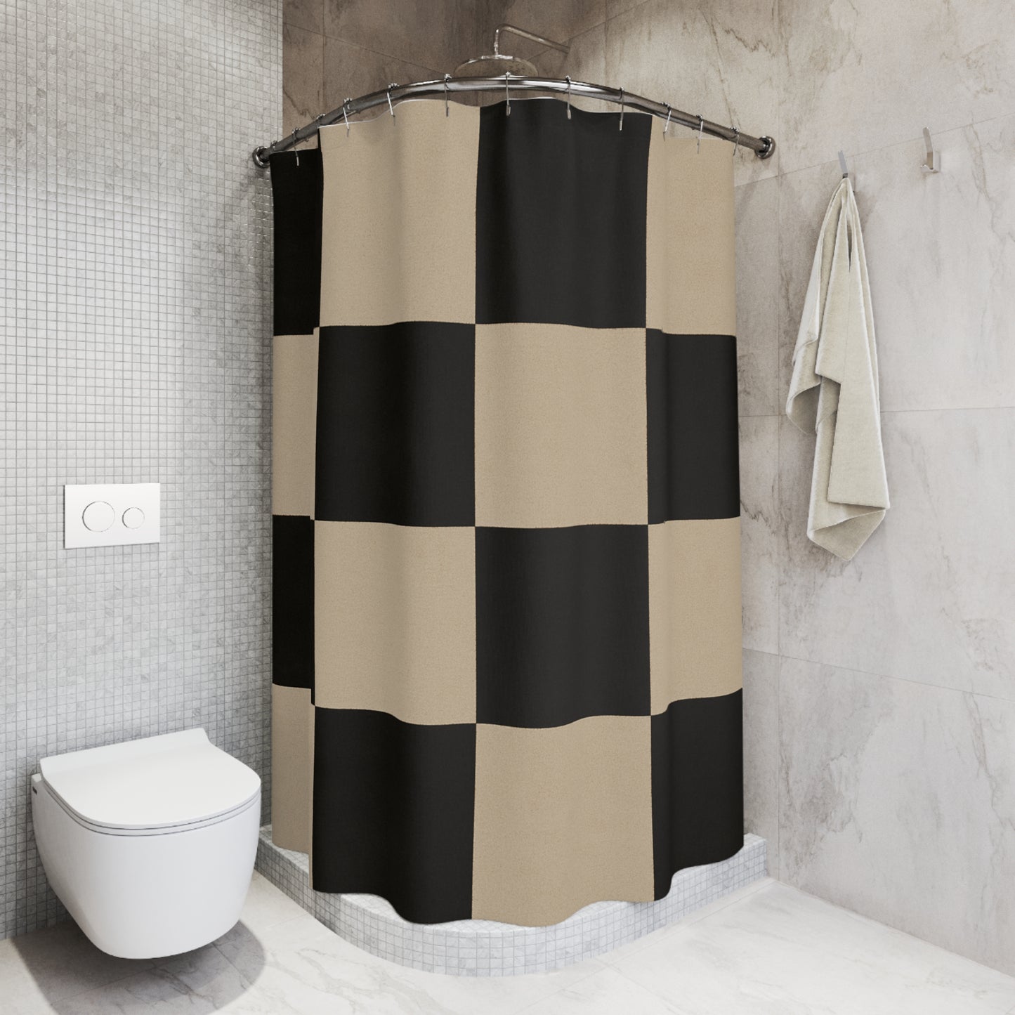 Modern Geometric Shower Curtain - Black and Beige Checkered Design for Stylish Bathrooms