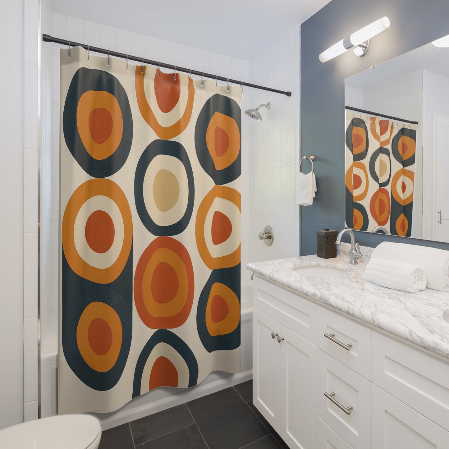 Retro Geometric Shower Curtain - Modern Bathroom Decor, Earthy Tones