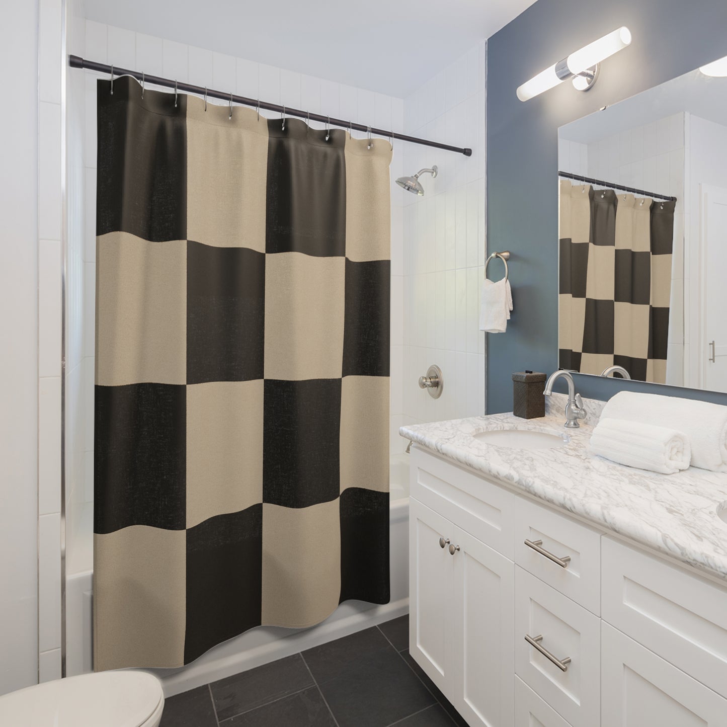 Modern Geometric Shower Curtain - Black and Beige Checkered Design for Stylish Bathrooms