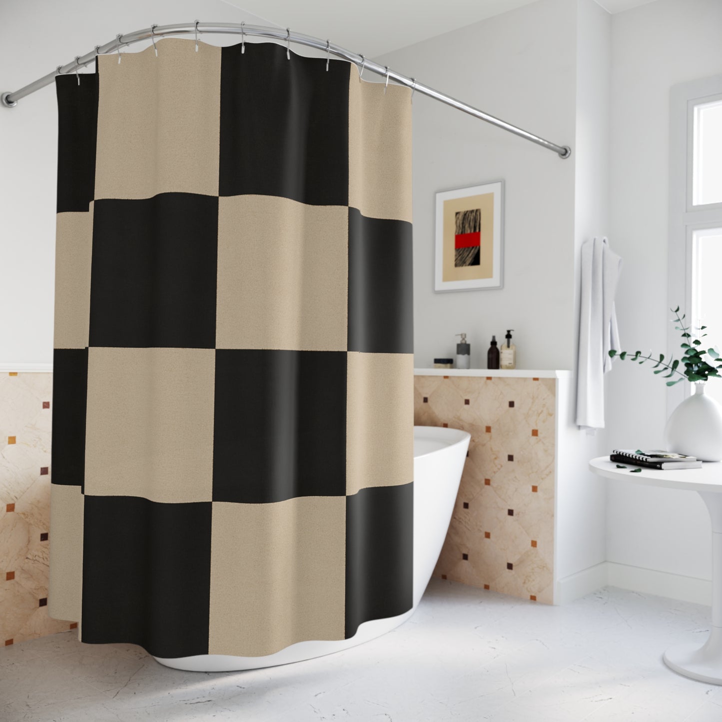 Modern Geometric Shower Curtain - Black and Beige Checkered Design for Stylish Bathrooms