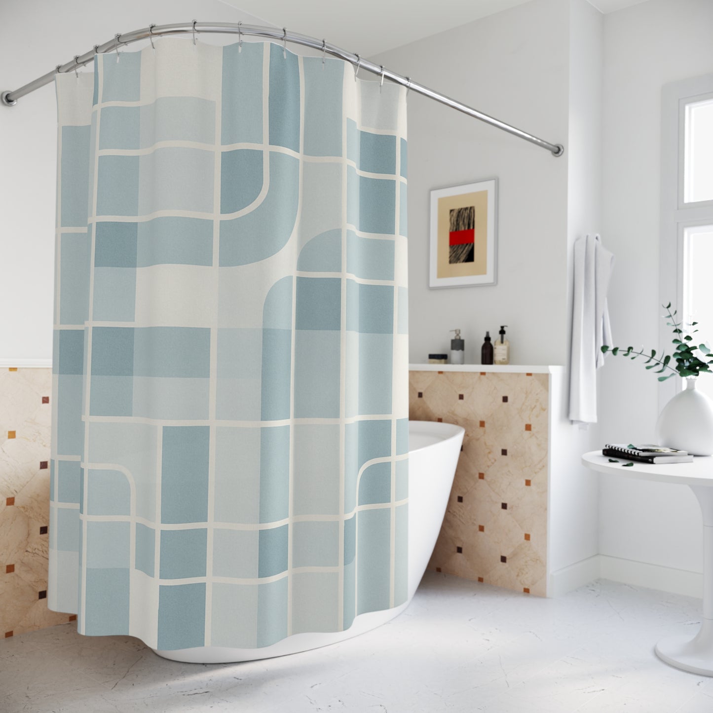 Modern Minimalist Shower Curtain - Geometric Blue Design for Elegant Bathroom Decor
