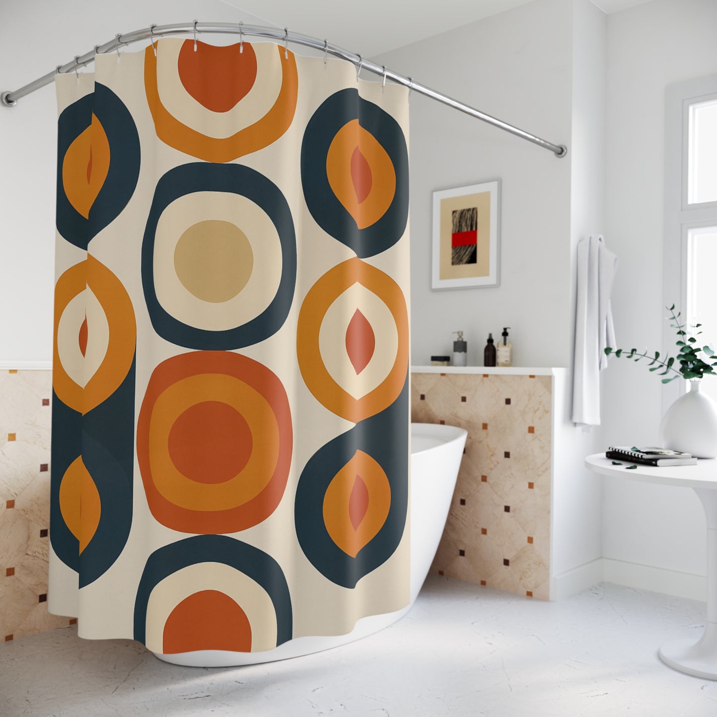 Retro Geometric Shower Curtain - Modern Bathroom Decor, Earthy Tones