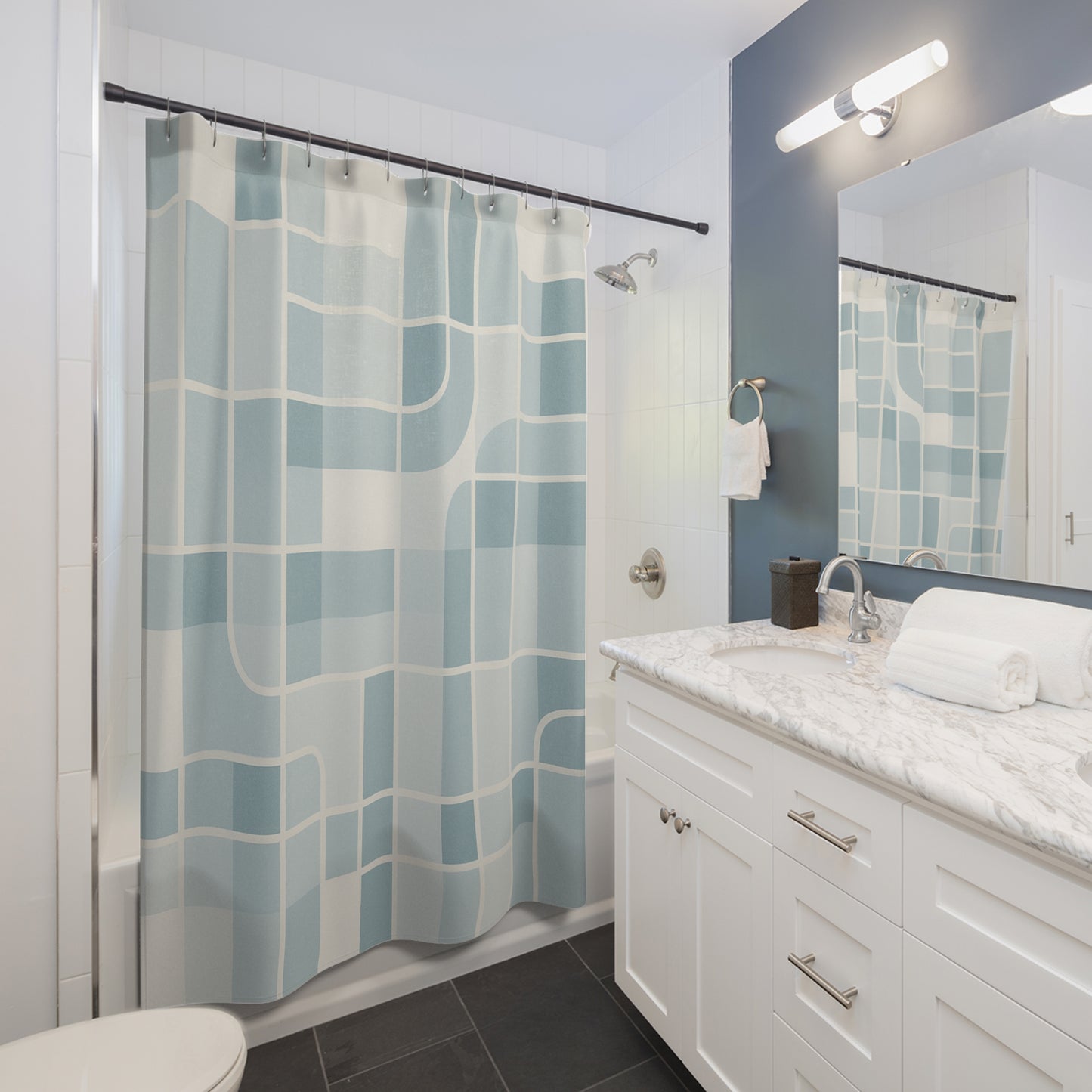 Modern Minimalist Shower Curtain - Geometric Blue Design for Elegant Bathroom Decor